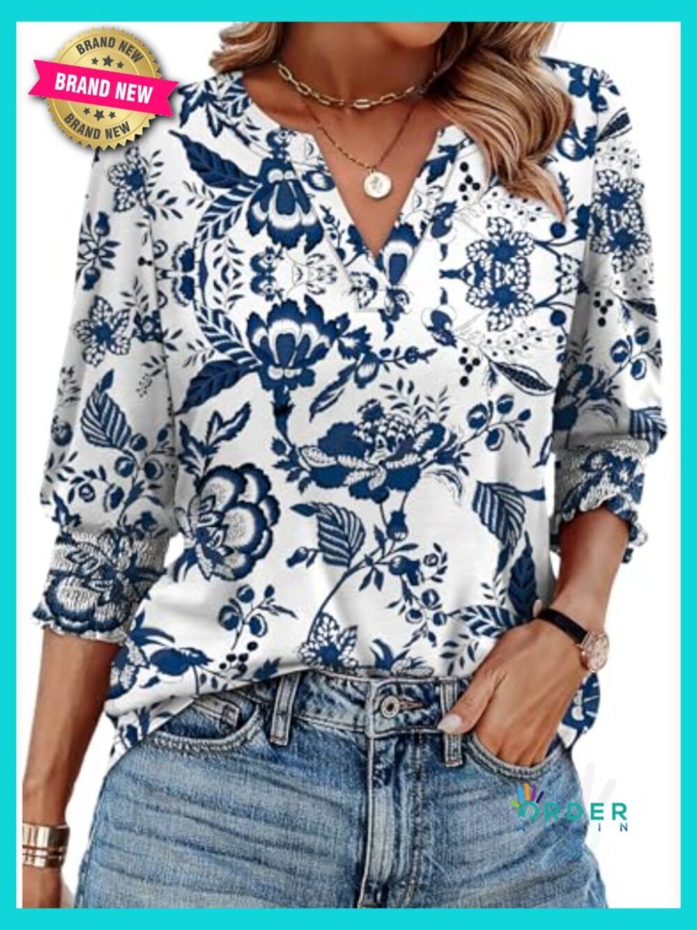 3/4 Sleeve Blouse V Neck Puff Sleeve Boho Top Dressy Casual Summer Spring Work - Picture 2 of 7